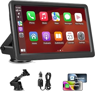 Carplay Screen for Car, 7" Wireless Carplay & Android Auto, Portable HD Touchscreen with Mirror Link, GPS Navigation, Voice Control, Hands-Free Calling, Bluetooth/AUX/FM, Plug & Play Car Play Screen