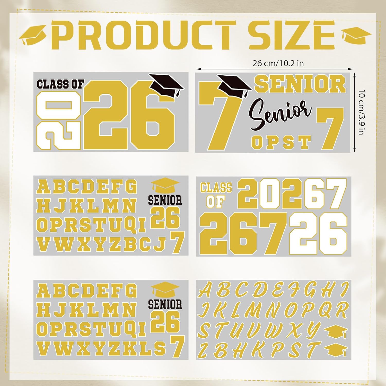 Glenmal 6 Sheets Senior 2026 Iron on Patches Class of 2026 Graduation Personalized Heat Transfer Letters Stickers Iron on Decals DIY Kit Crafts for Pleated Tennis Skirt T Shirts Clothing(Gold)
