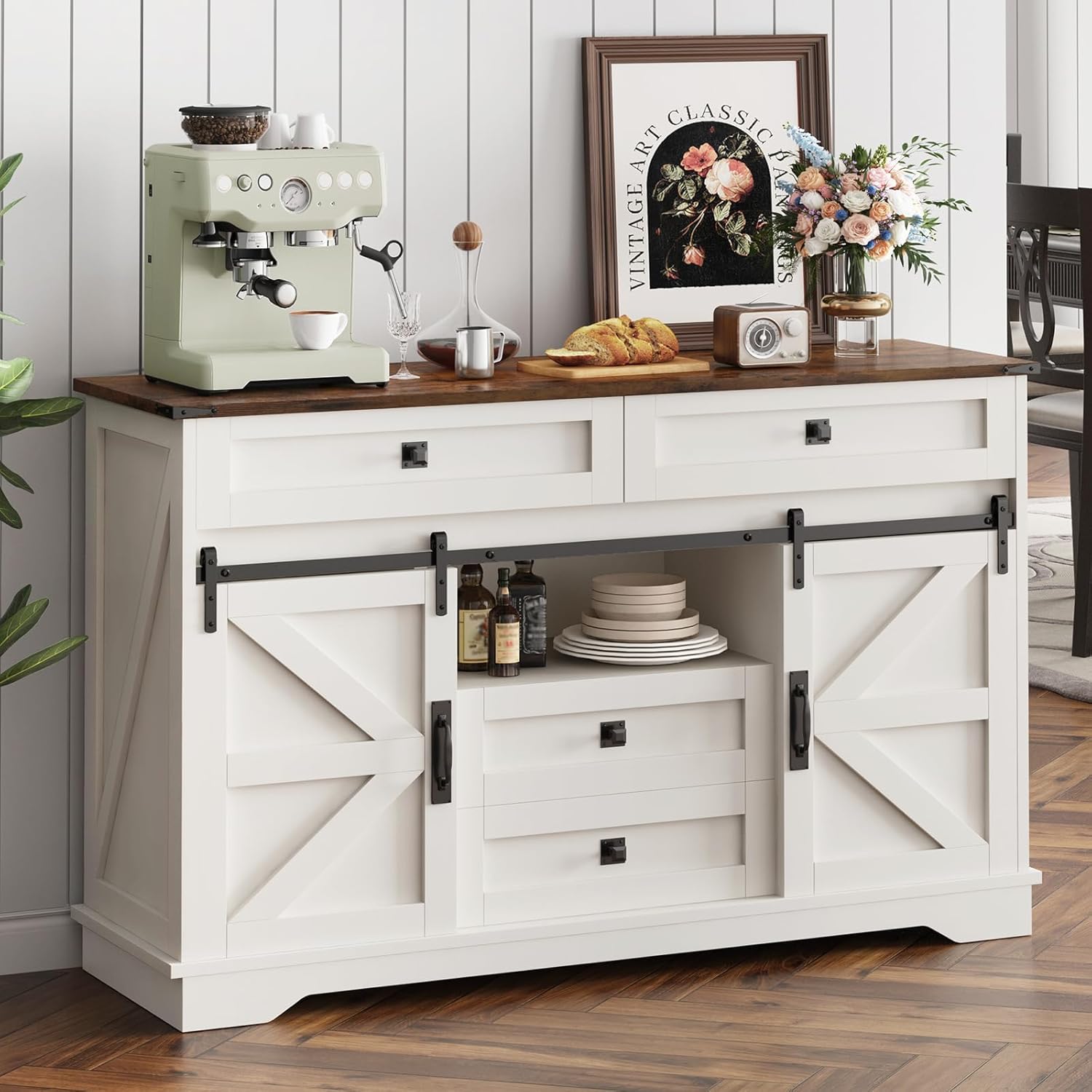 PLYFOU 55-inch Farmhouse Buffet Cabinet with Sliding Barn Doors