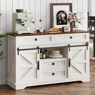 55" Farmhouse Buffet Cabinet, Kitchen Sideboard with Sliding Barn Doors and 4 Drawers, Rustic Wood Storage Cabinet with Adjustable Shelves, 35'' Tall Coffee Bar Table for Dining Room, White