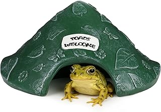 Toad House for Outside Garden, Resin Reptile Hide House, Green Reptile Hide Cave, Decorative Greenery & Welcome Sign, Aquarium Toad Turtle Hiding House, 8.1x7.3x5.1