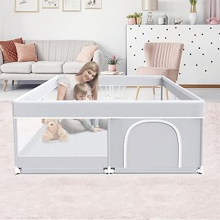 FSHIBILA 50x50 Inch Baby Playpen Playard - Safe Indoor Outdoor Play Yard for Babies Toddlers, Breathable Mesh, Anti-Fall Grey