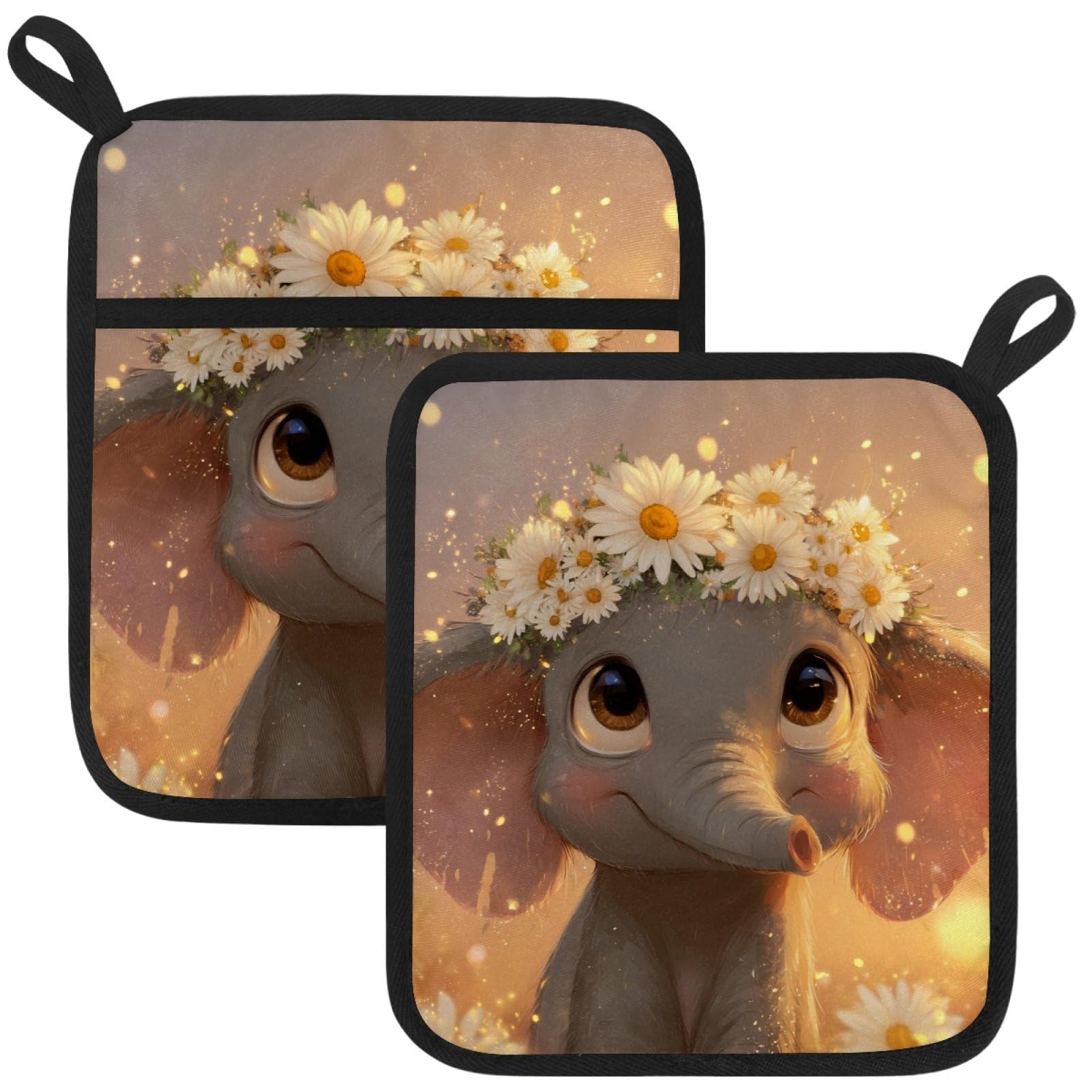 VAPOKF Elephant Daisy Heat Resistant Pot Holders, Thick Pot Holders Pad with Hanging Loop for Kitchen, Oven Cloth Pads for Kitchen Baking Microwave Oven