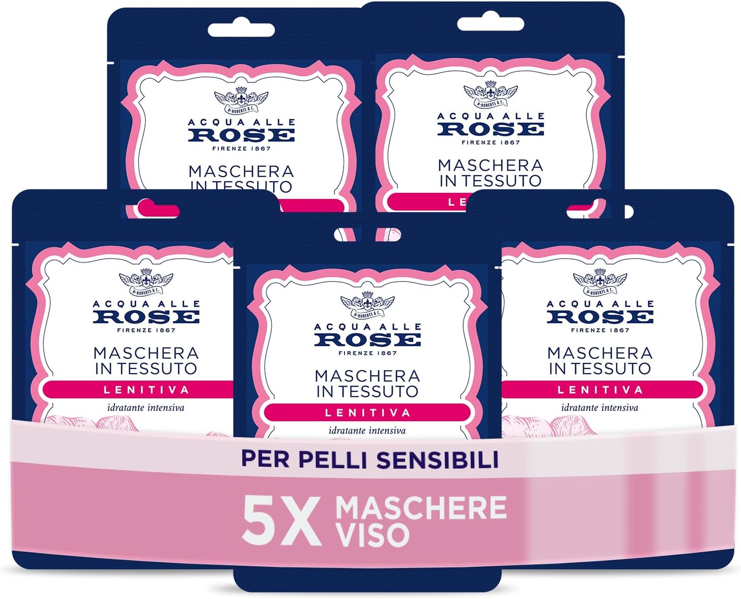 Acqua alle Rose, Maschera Viso in Tessuto Lenitiva Idratante Intensiva con Estratto di Rosa Chinensis, Ideale per le Pelli Sensibili o Secche, con Vitamina B5 Lenitiva, Nutre e Reidrata, Monouso, 5 pz