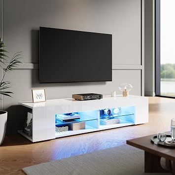 TV Stand Cabinet Unit with 16 RGB LED Lights, High Gloss White TV Stand with Glass Shelves & 2 Storage Compartments, 1350 x 390 x 300mm