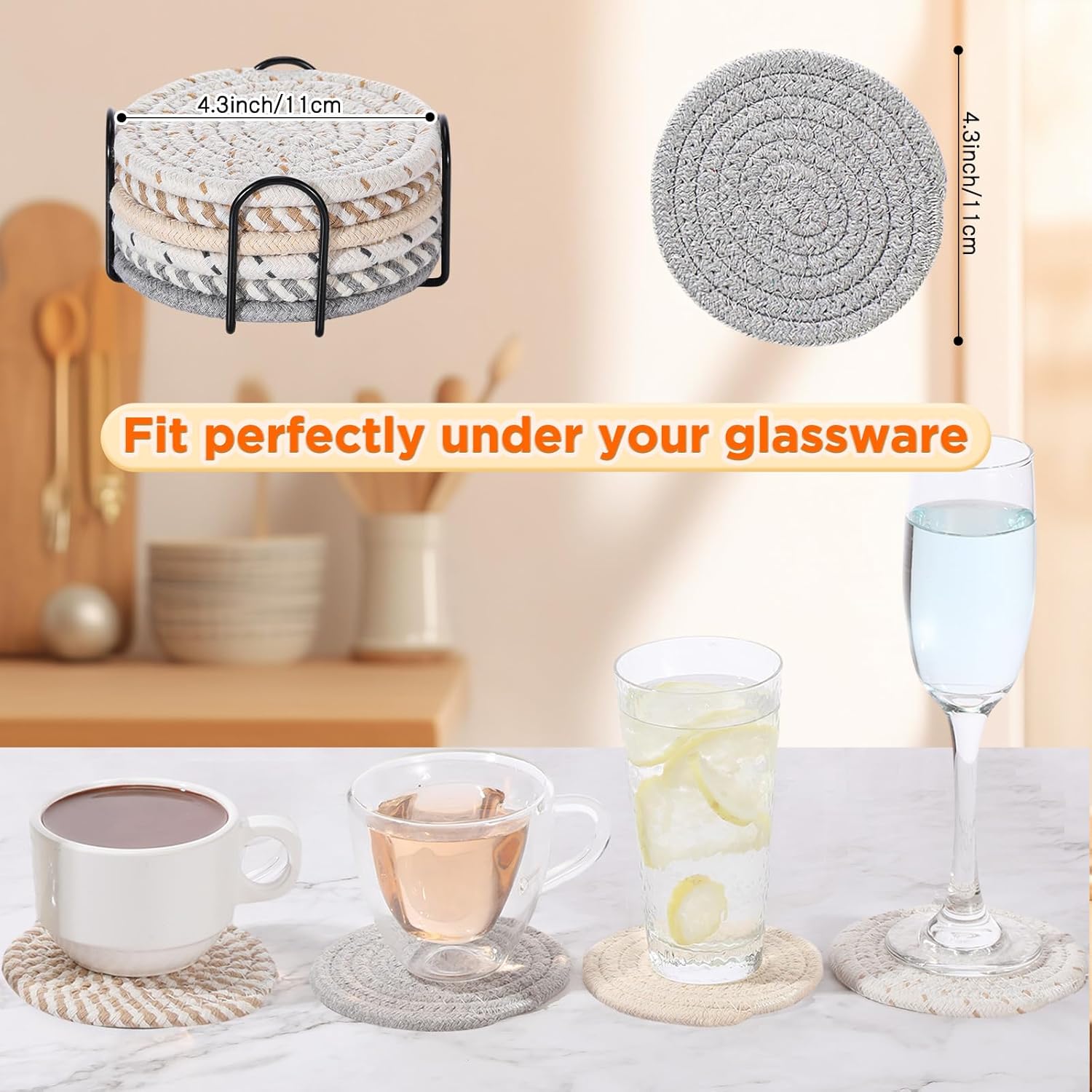 12 Pcs Boho Round Woven Placemats Set of 4/6/8,Trivets for Dishes, Heat Resistant Hot Pads,11.8" Woven Cotton Rope Round Placemats with Basket, 4.3" Drink Coasters with Holder (Mix)