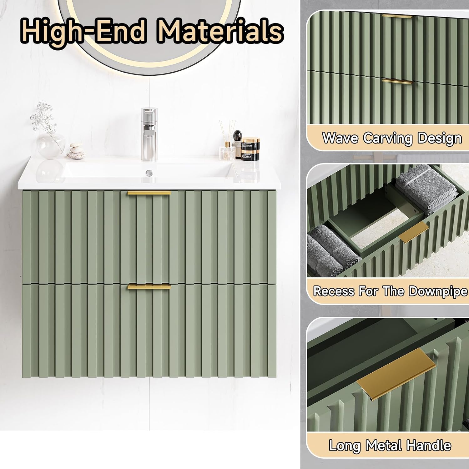 ONBRILL 24 Inch Bathroom Vanity with Sink Combo, Floating Bathroom Vanity with 2 Fluted Drawers & Metal Handle, Modern Wall Mount Storage Cabinet with Ceramic Integrated Sink for Small Space (Green)