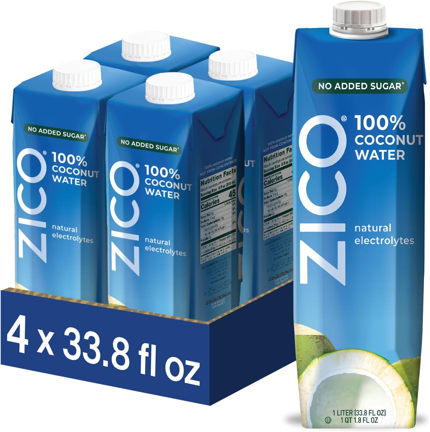 Zico 100% Coconut Water, No added Sugar, Refreshingly Delicious, Hydration with Electrolytes, 33.8 Fl Oz (Pack of 4)