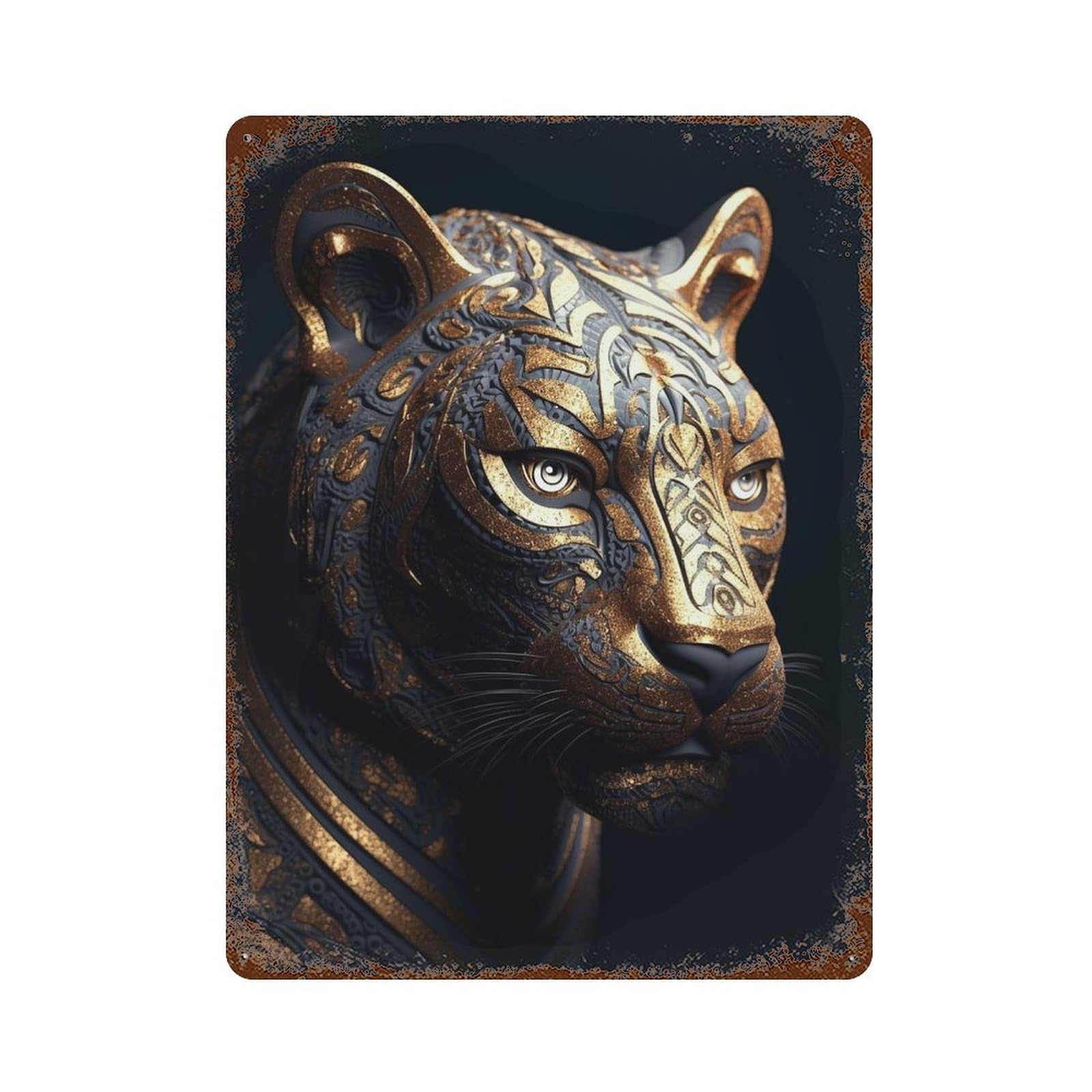 Black And Gold Tiger Rust Effect Tin Sign 15.7"x11.8", Vintage Wall Decor for Pub, Kitchen And Man Cave Decor