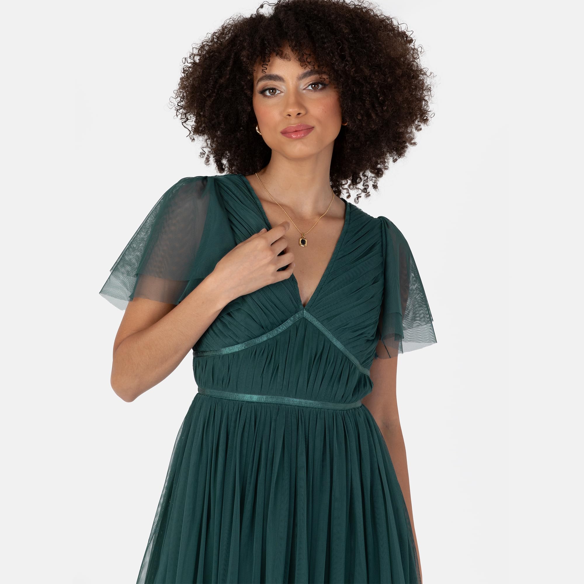 Anaya with Love Damen Women's Ladies Midaxi Dress V-Neck Short Flutter Sleeve Ribbon A-line Tulle for Bridesmaid Wedding Guest Prom Ball Gown Kleid (1er Pack)