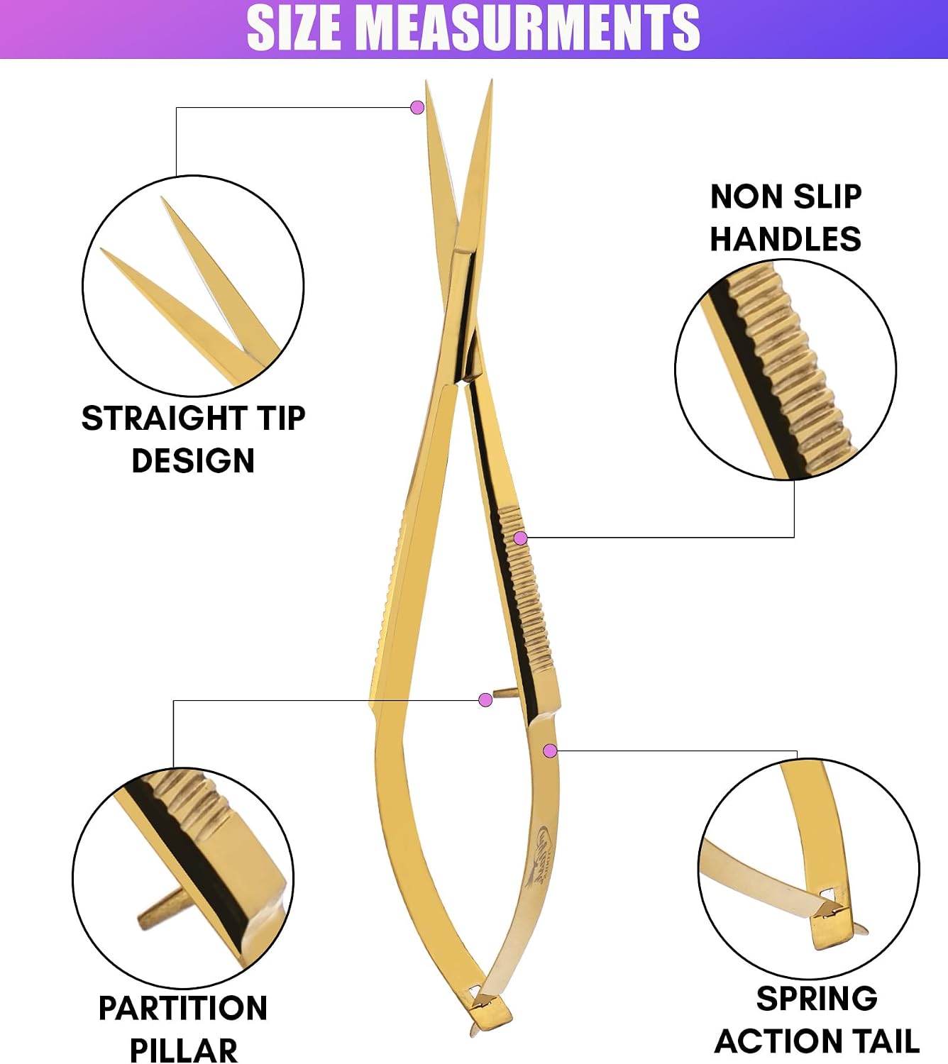 Cross Edge 5 Inch Straight Tip Spring Scissors, Gold | Stainless steel micro-tip scissors for eyebrow & eyelash trimming, embroidery, knitting, thread snipping & crafts