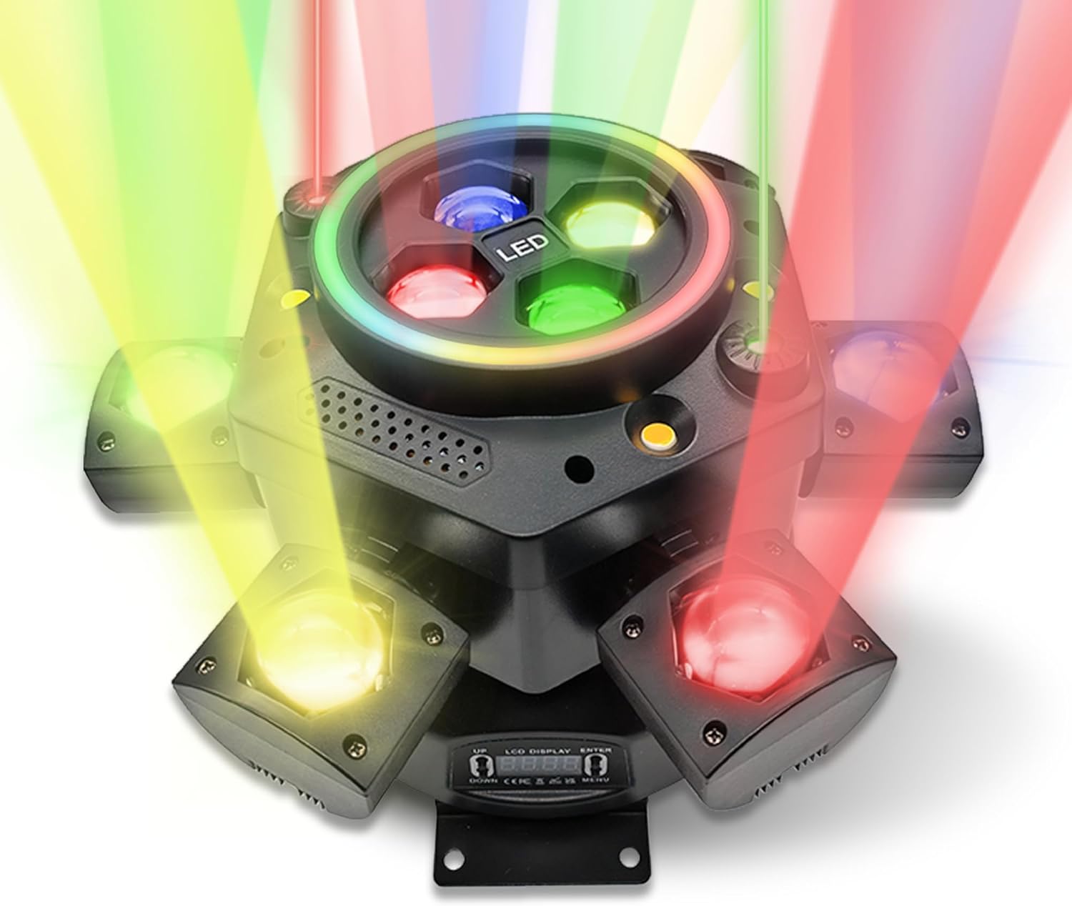 150W Moving Head DJ Lights, RGBW LED Stage Light 4-in-1 with 6 Arms Beam, Bee-Eyes Effect, Red & Green Starry, White & Amber Strobe, for Party Disco KTV Club Wedding Bar