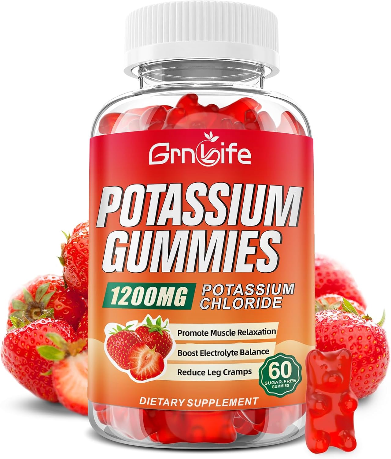 2 Pack Potassium Gummies for Adults, Potassium Chloride Gummies 1200mg Support Leg Cramps & Electrolyte Balance, Strawberry Flavor 120 Count