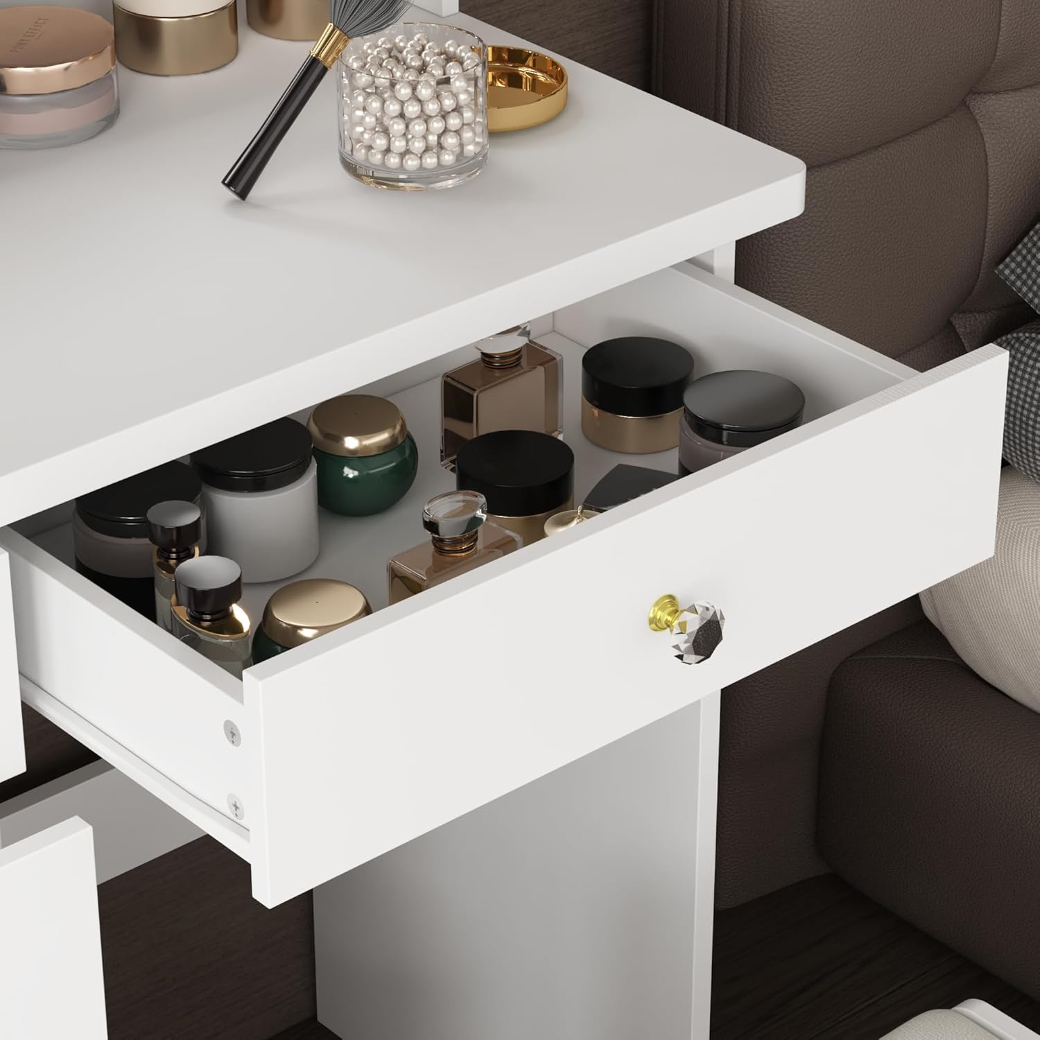 AIEGLE Vanity Desk Set with Lighted Round Mirror, 3 Colors LED Lighted Makeup Vanity Drawer Dressing Table with Open Shelves & Cushioned Stool, Vanity Desk & Stool Set, White - Round Mirror