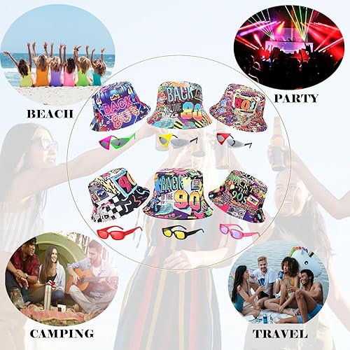 Miniatura 3 de Paquete de 12 sombreros retro de los años 80 y 90 con lentes de sol neón, divertido juego de sombreros de fiesta temática de los años 80 y 1990, kit