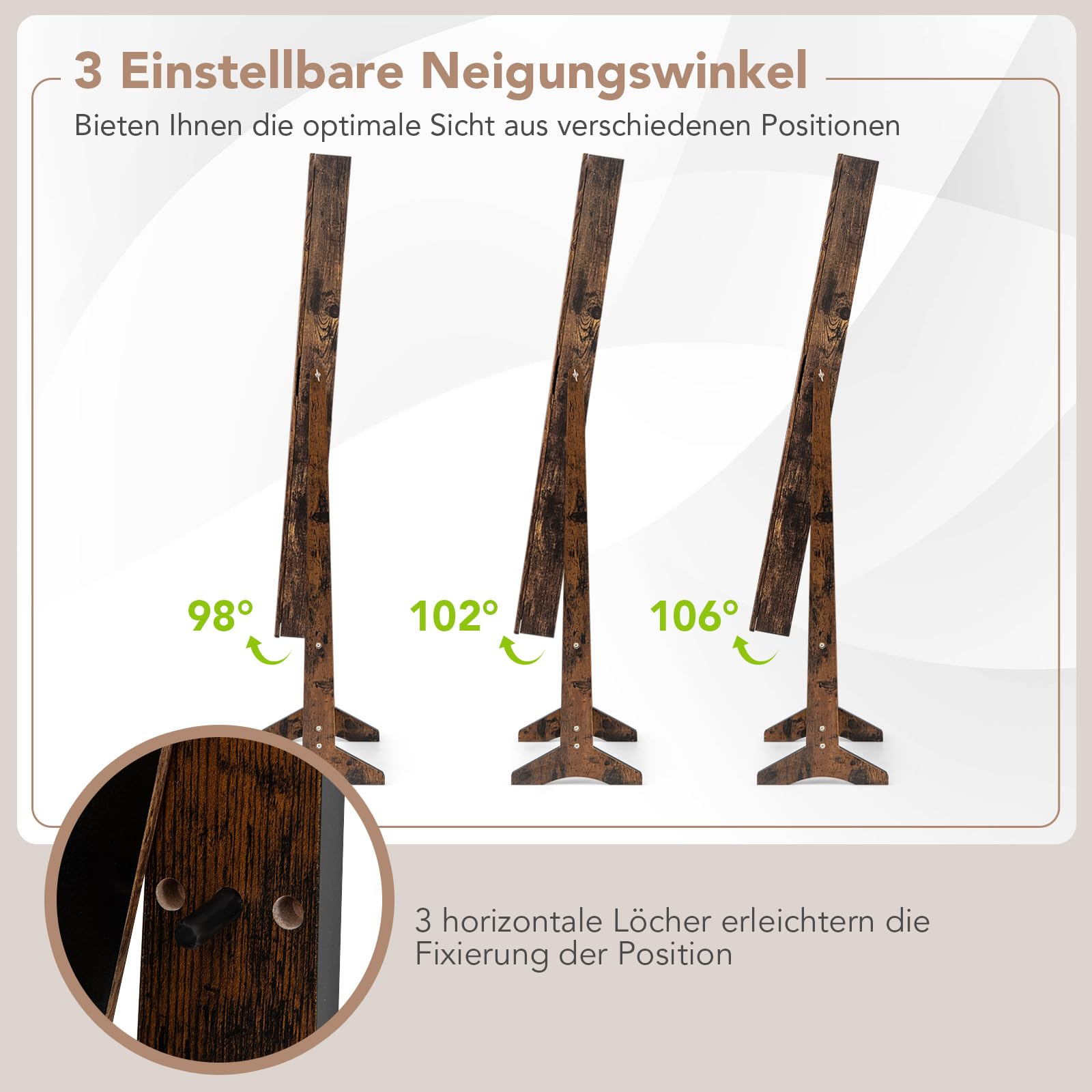 COSTWAY Schmuckschrank neigungsverstellbar, Schmuckregal mit Ganzkörperspiegel, Schmuck Spiegelschrank mit 64 Ohrringschlitzen, 20 Halskettenhaken, 72 Ringschlitzen, 4 Ablagen (Braun)