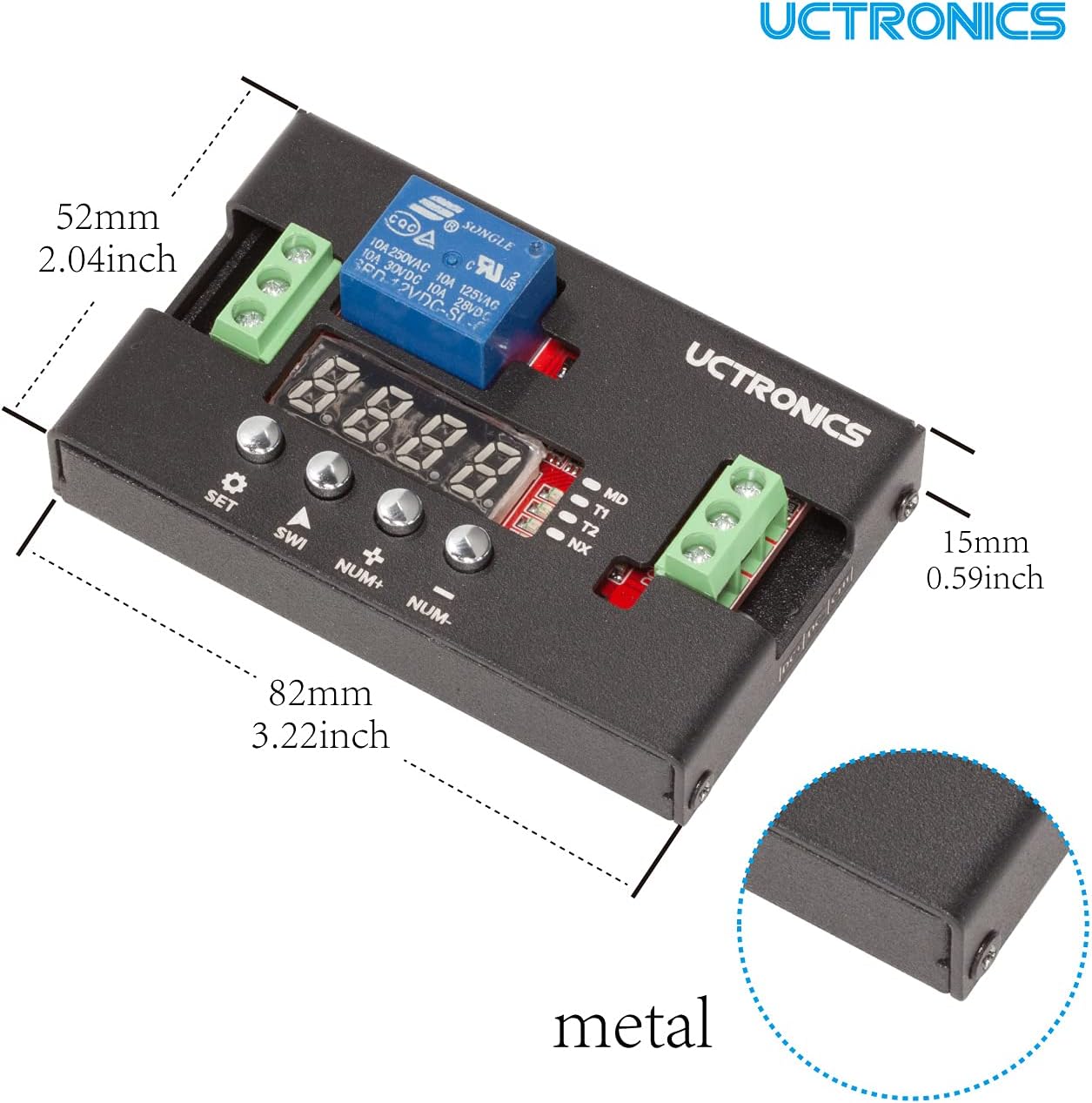 UCTRONICS DC 12V Programmable Time Delay Relay Module with Metal Enclosure, On Delay and Off Delay Timer for Automobile, Raspberry Pi, Industrial Control, and Other Automatic Control Projects