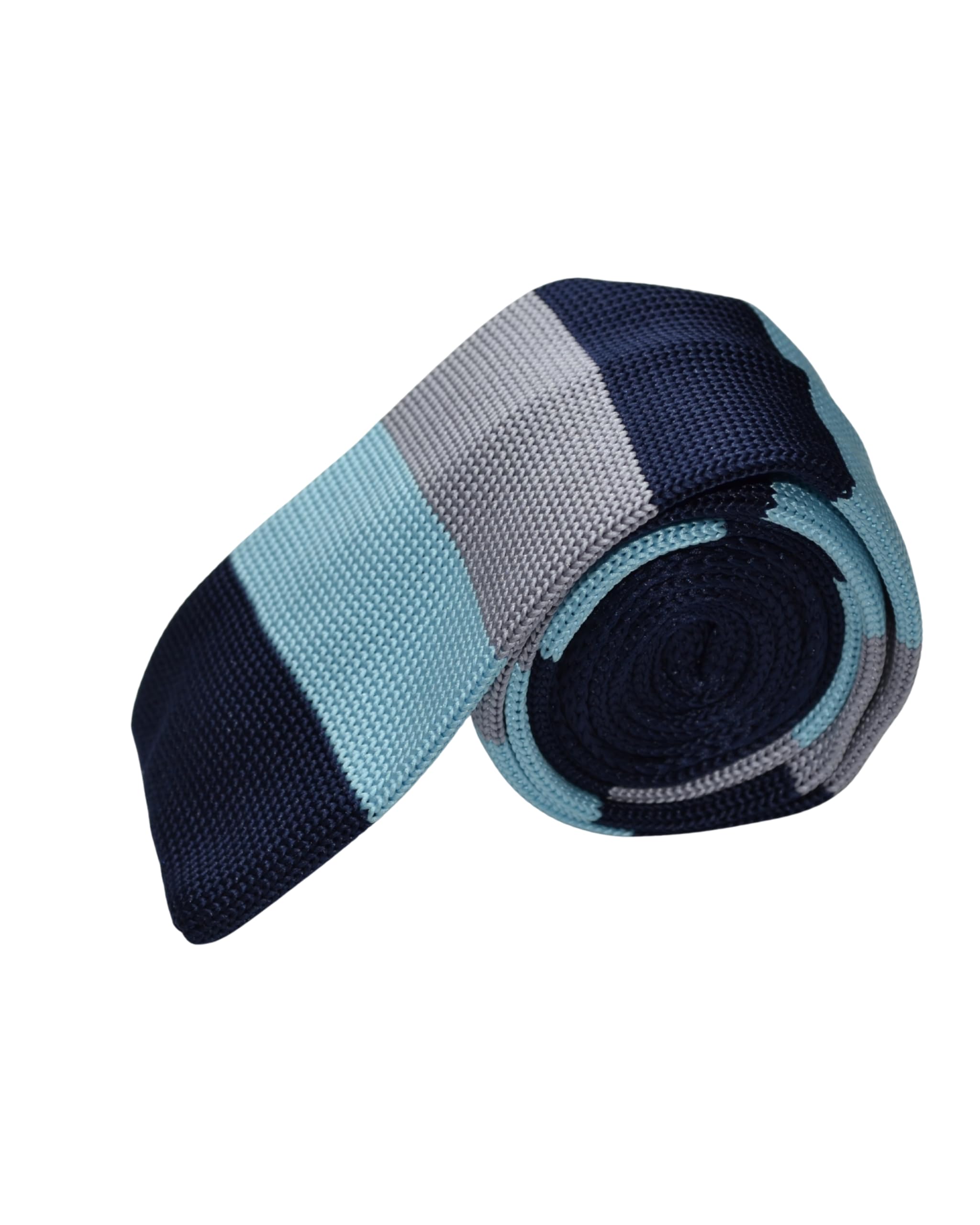 calixto Men’s Knit Tie – Navy Blue, Sky Blue & Grey Color Block Textured Necktie – Classic Slim Style for Business, Office, Weddings & Formal Wear-picture-18
