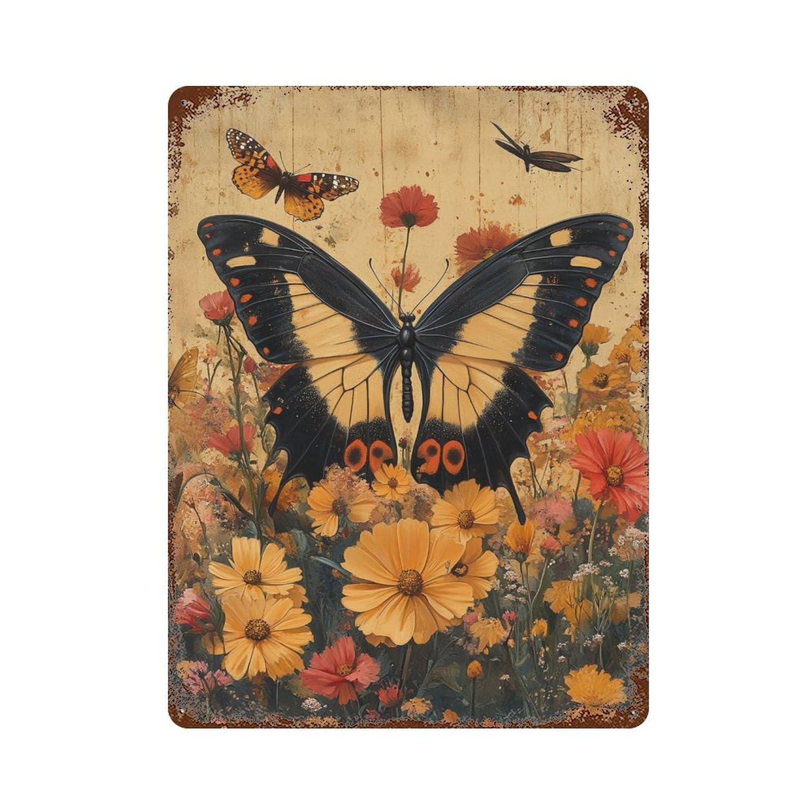 Rust Effect Butterfly Garden Painting-5 Aged Metal Wall Plaque 15.7"x11.8", Industrial Home Decor for Cafe, Home Bar And Lounge Decor