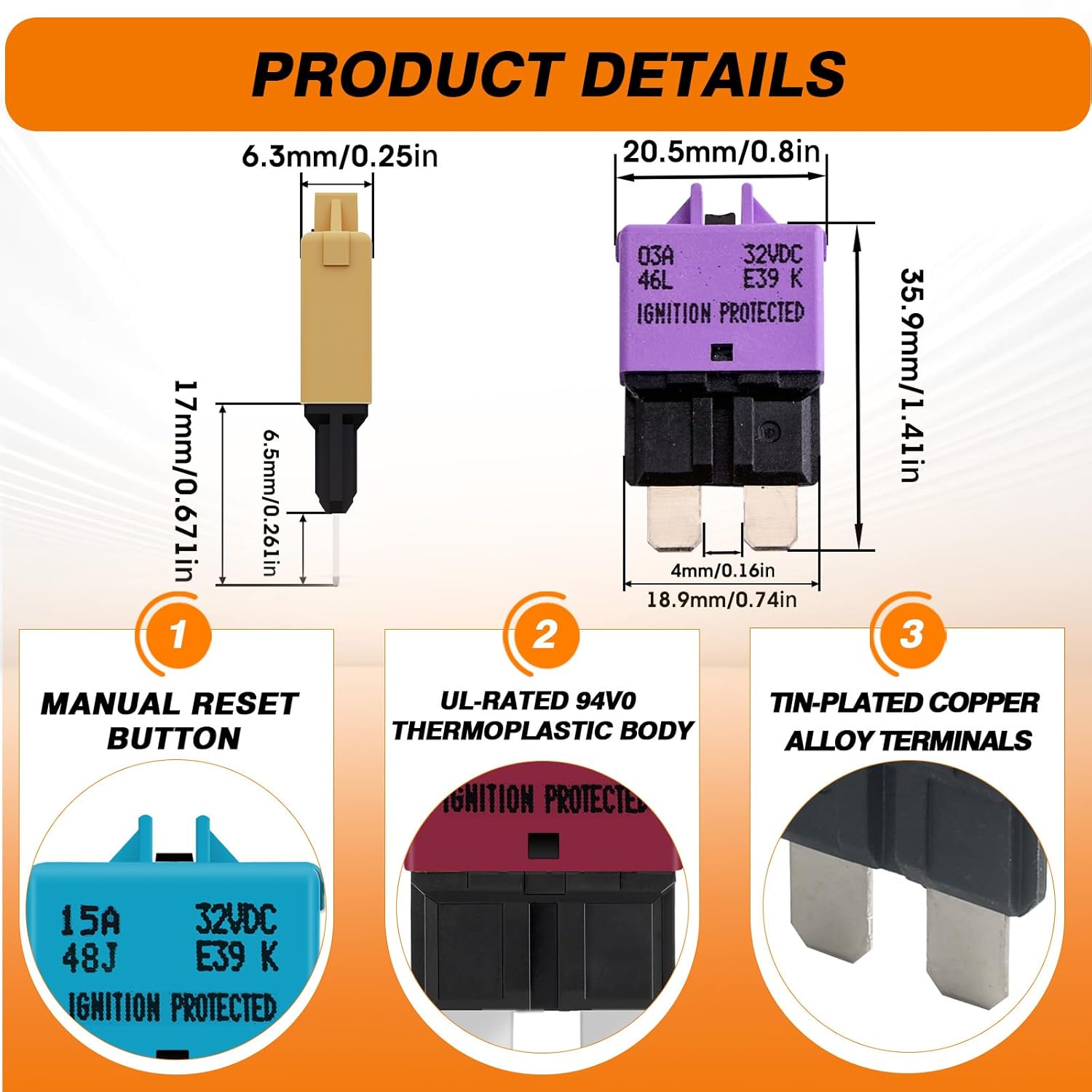 E39 Circuit Breaker Blade Fuse Manual T3 Reset Low Profile ATC/ATO 3-30A 32VDC UL-Rated Thermoplastic Body Color-Coded for Amperage(All Set)