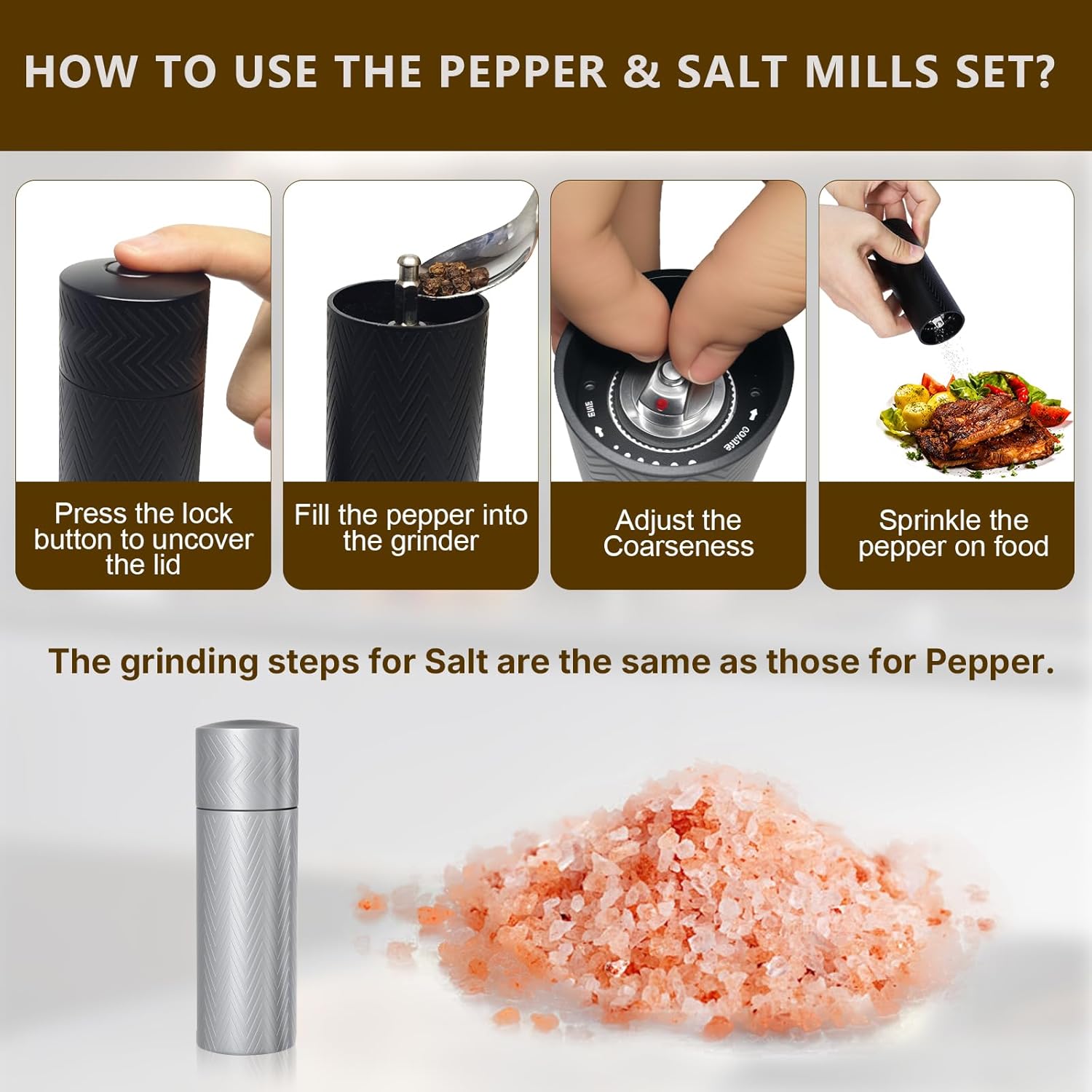 ARKNOAH Tabletop Manual Pepper and Salt Grinder 2-Pack Set, Refillable Adjustable Coarseness, Dual Stainless Steel Blades & Ceramic Cores, Portable Home & Commercial Grinding Settings