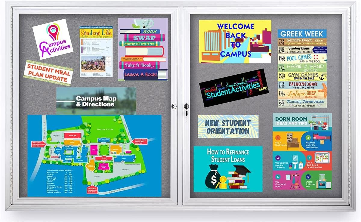 Displays2go 5' x 3' Enclosed Tackboard with Sliding Lockable Doors, Gray Backer - Silver (FBSW63SVLG)