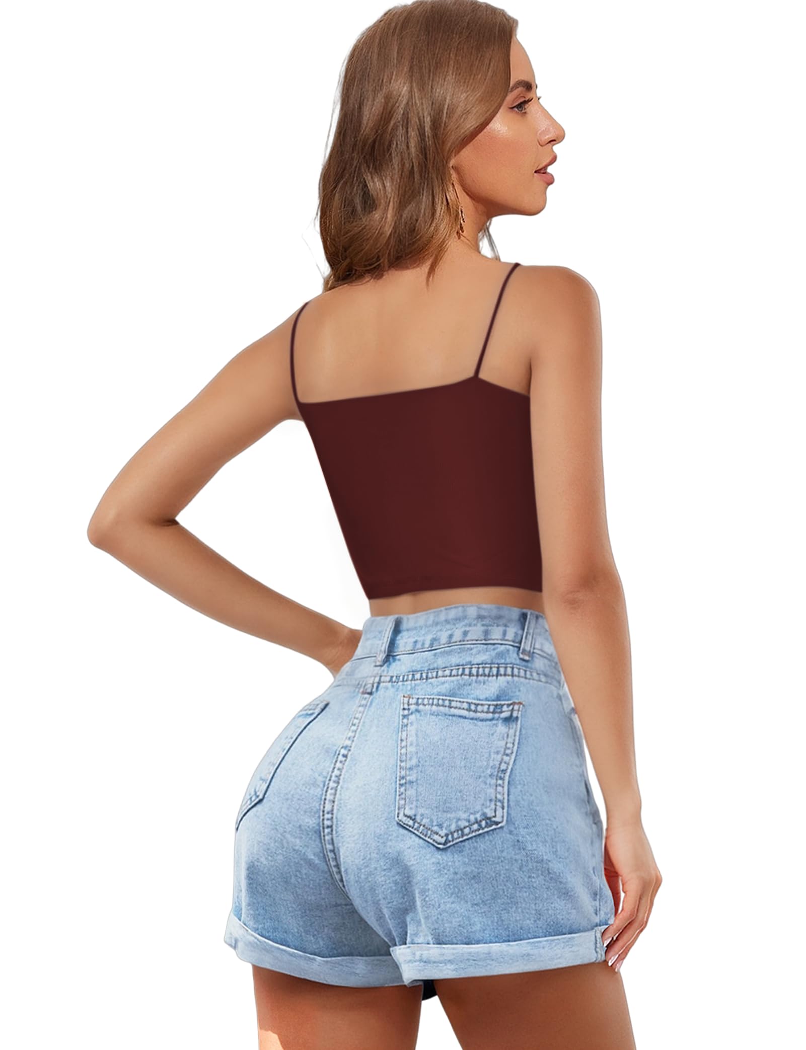 Paquete de 2 camisetas cortas sin mangas para mujer, camiseta básica corta de doble capa con tirantes delgados, bralette corto sin mangas, negro, blanco, vino, azul, M