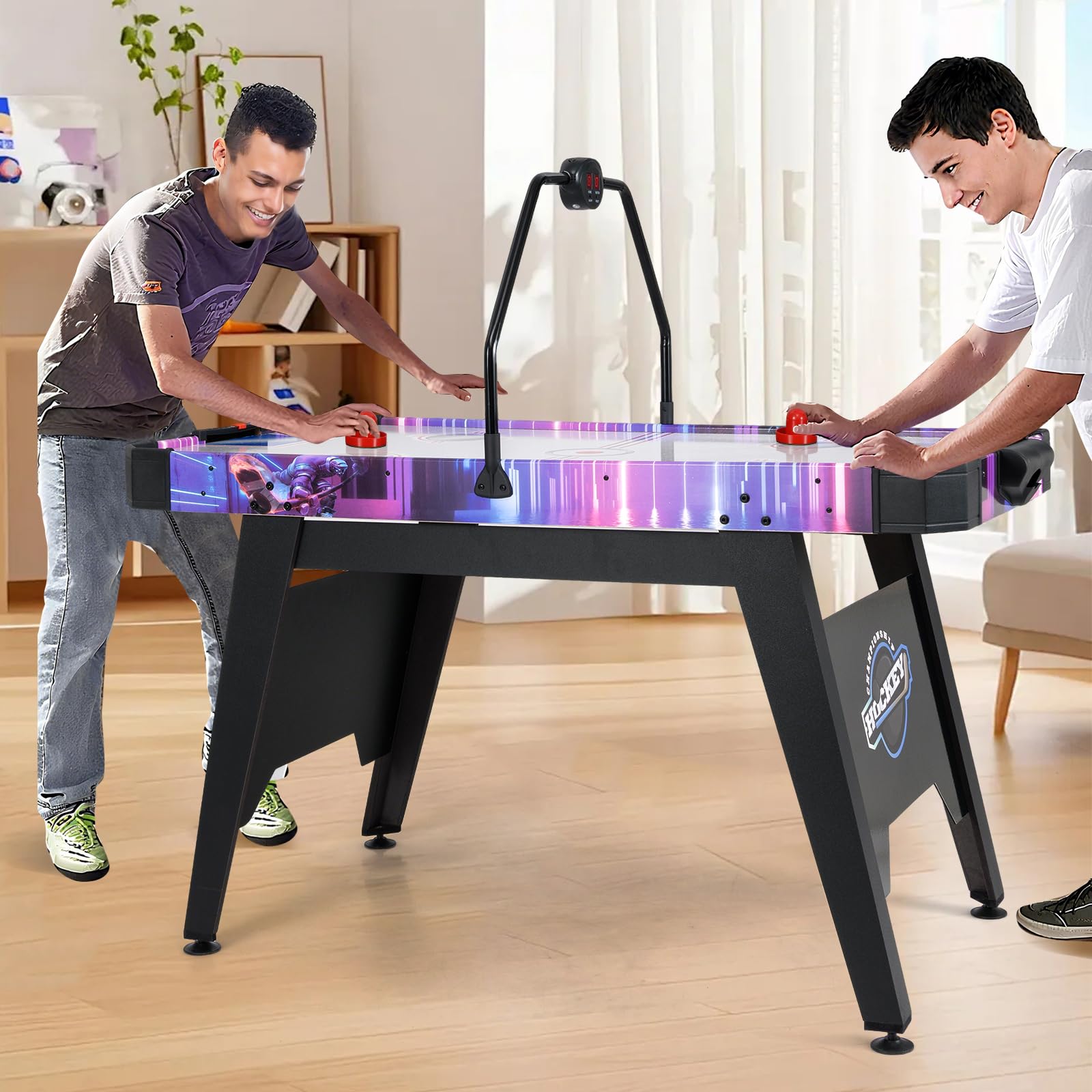 GOPLUS Table Air Hockey Enfants et Adultes, Table de Jeu de Palet Hockey avec Score Électronique LED& Lumières, Style Arcade avec 2 Palets, 2 Poignées