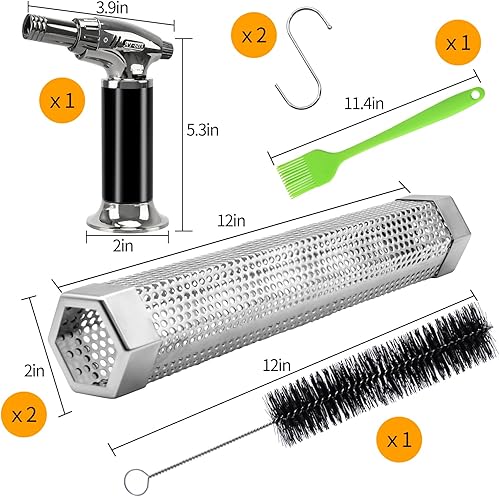 Miniatura 5 de Tubo de ahumador de pellets, paquete de 2 tubos de ahumador con soplete de butano y 2 ganchos, 2 cepillos, tubo de pellets de 12 pulgadas y