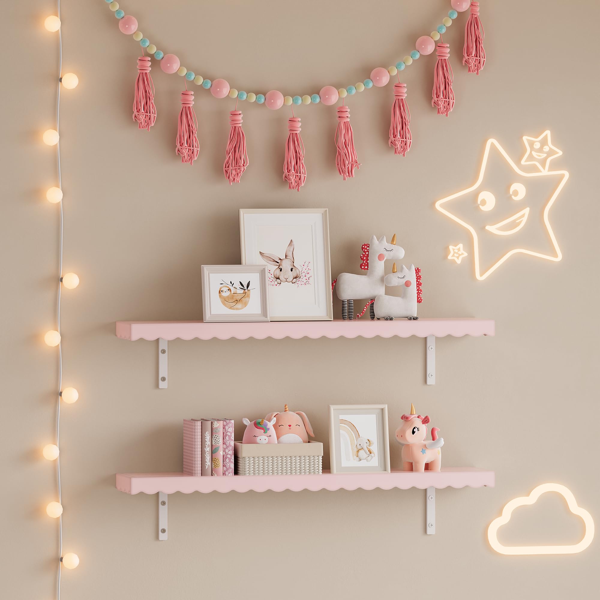 [en.casa] Set de 2 Estantes Flotantes Infantil Vestnes Baldas de Pared con Borde Elevado y Ondulado Librería Dormitorio para Niños Habitación Infantil 80 x 17 x 4 cm Rosa - Algodón de azúcar