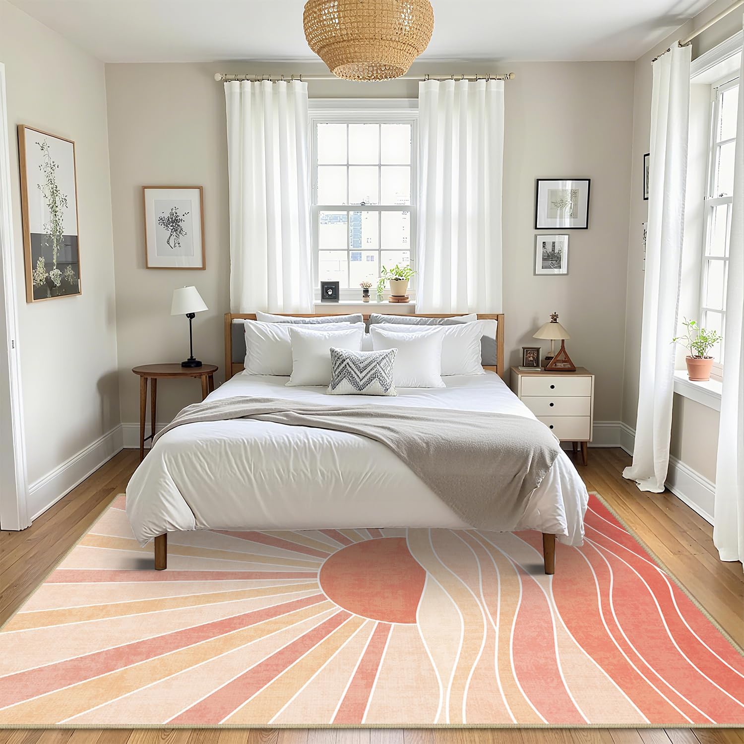 Sun 5x7 Rug for Living Room, Boho Mid Century Modern Rugs Bohemian Celestial Machine Washable Non-Slip Printed Low-Pile Floor Carpet for Bedroom Dining Room Office