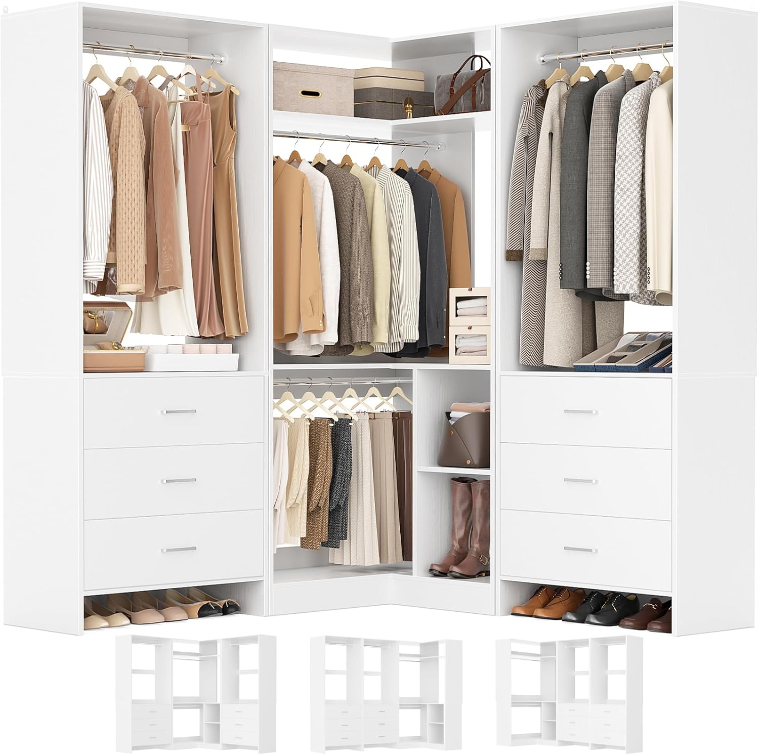 Aheaplus Closet System with 6 Drawers, 4 Hanging Rods & Corner Tower, Corner Closet System with Hanging, 80.9" L-Shaped Walk-In Wardrobe Organizer, 2000+ lbs Capacity, Set of 3, White