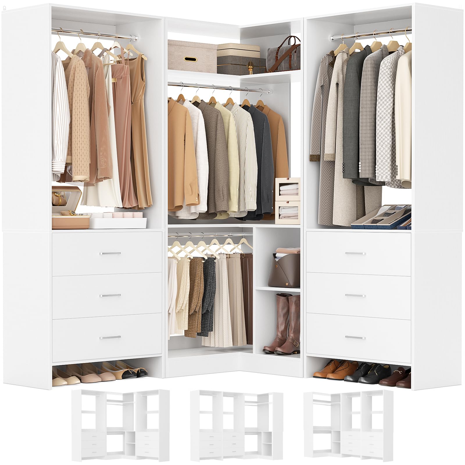 Aheaplus Closet System with 6 Drawers, 4 Hanging Rods & Corner Tower, Corner Closet System with Hanging, 80.9" L-Shaped Walk-In Wardrobe Organizer, 2000+ lbs Capacity, Set of 3, White