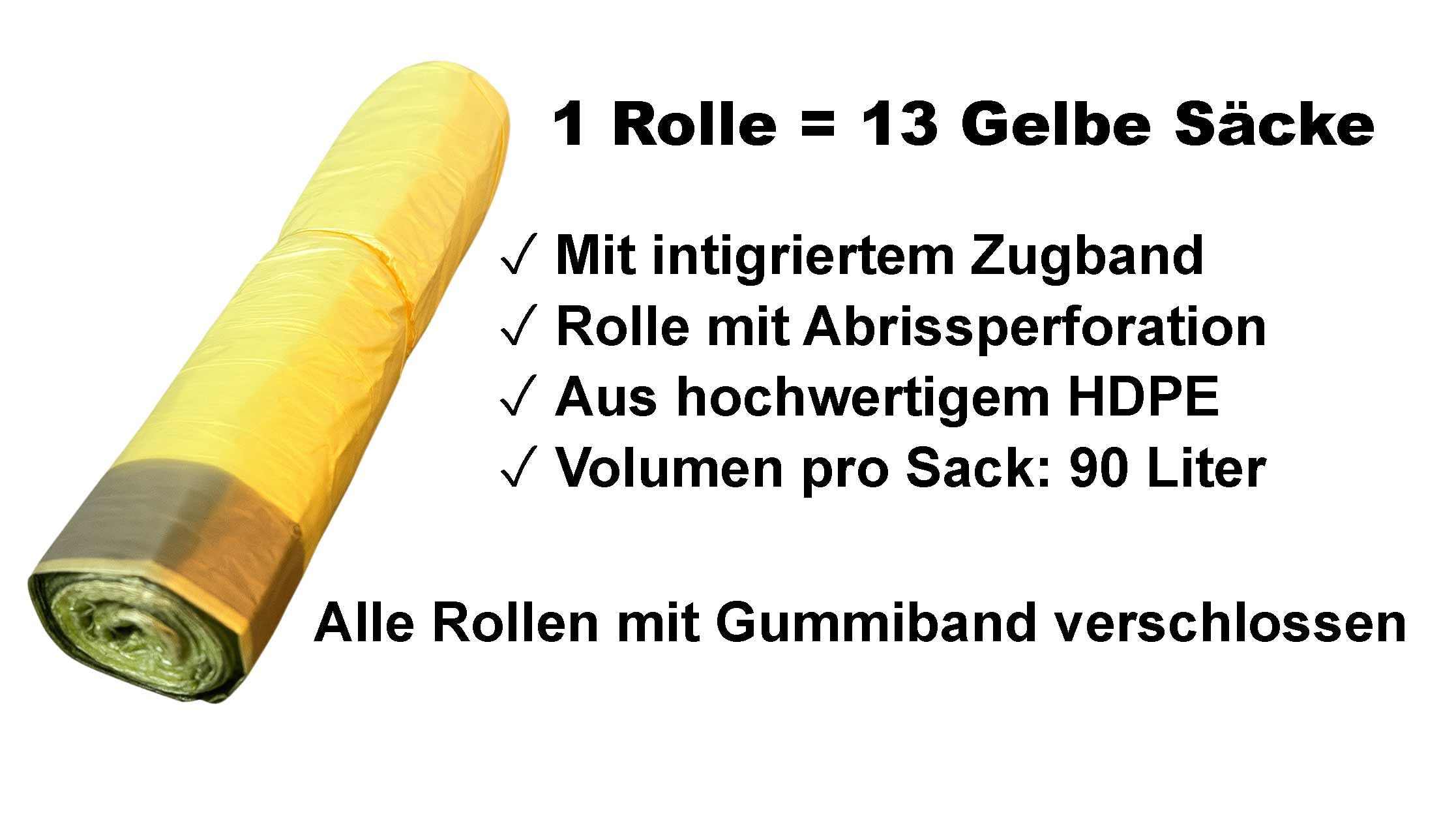 100 Rollen Gelber Sack - Gelbe Säcke 90 Liter HDPE 15µ Müllbeutel 13 Stück pro Rolle, insgesamt 1300 Stück 60x88cm plus 5cm Umschlag mit stabilen Zugband Gelber Sack Wertstoffsack (100 Rollen)