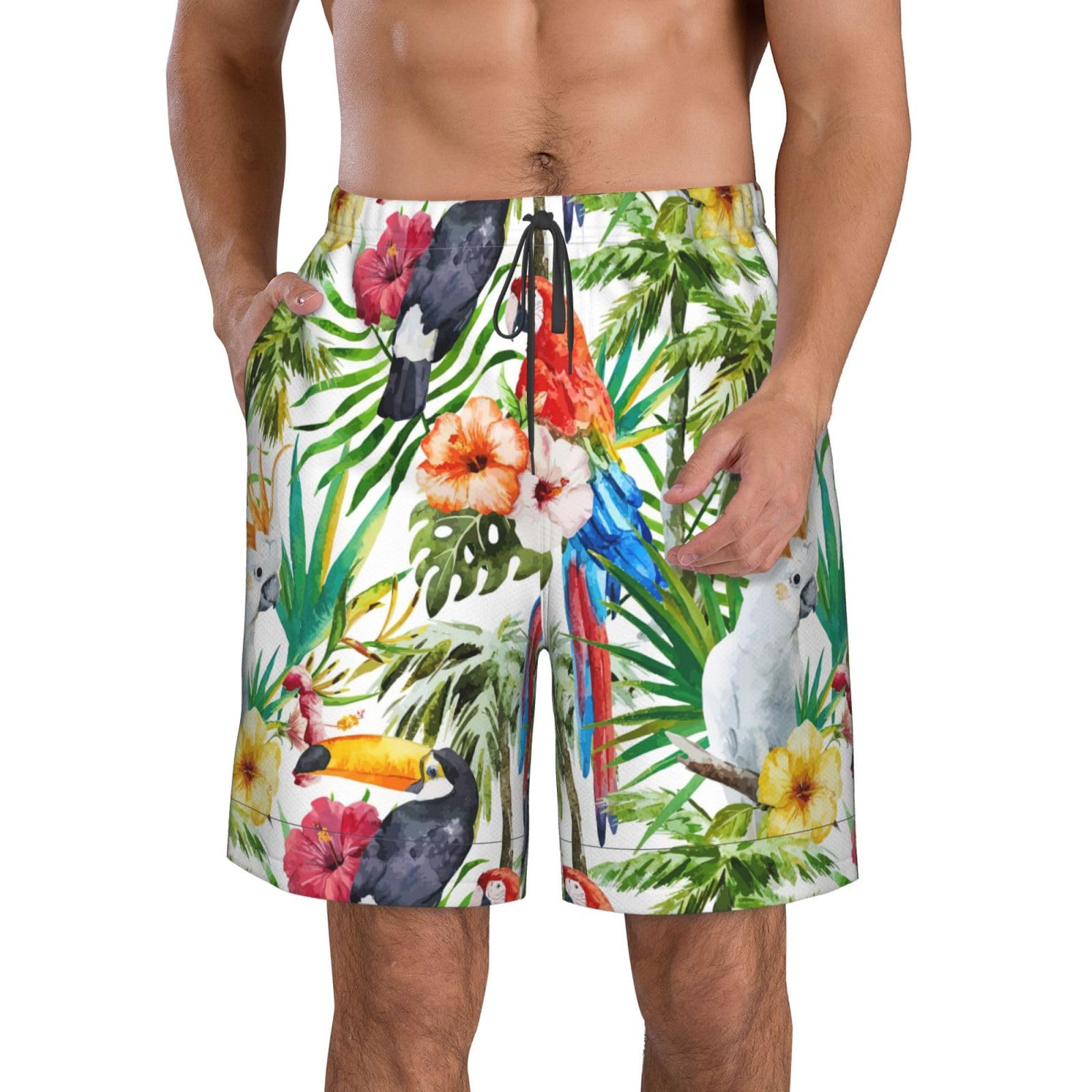 Yyoretp Unisex White Men's Toucans Parrot Palm Tree Leaves Print Casual Hawaiian Beach Shorts,Quick Drying Shorts Swim Trunks With Pockets