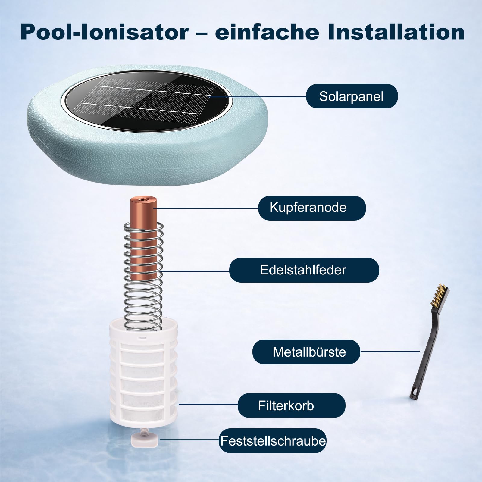Solar Pool Ionisator, Kupfer Ionreiniger Pool, Hochreinem Kupferelement, bis 132,500 Liter, Hocheffiziente Reinigung, Wasserdicht, Dauerhaft, Schwimmender Reiniger für Pools