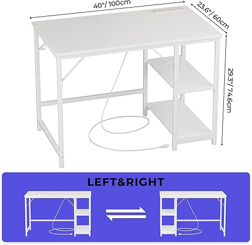 Miniatura 3 de JOISCOPE Escritorio de oficina para computadora de 55 x 24 pulgadas con tomas de alimentación de mesa, escritorio blanco para oficina en casa con