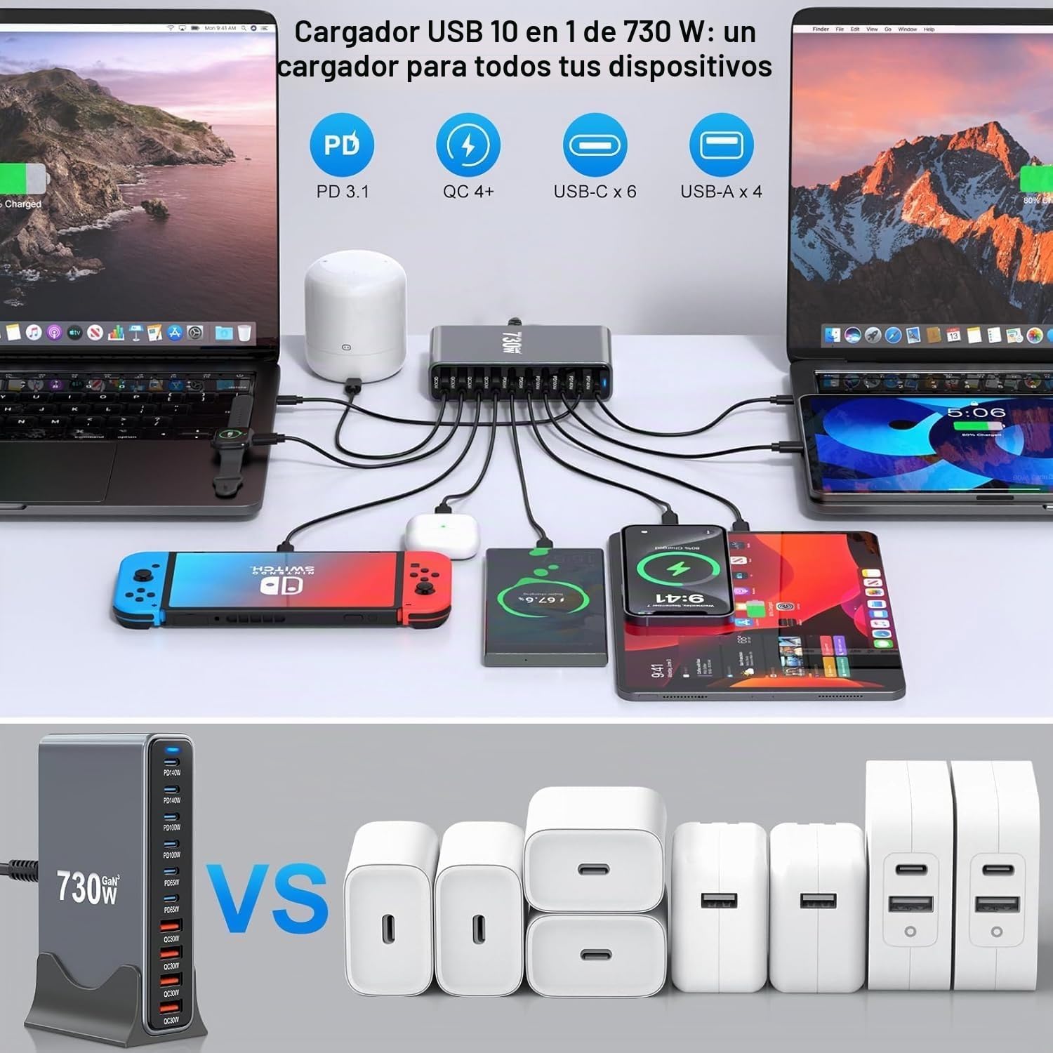 Estación de Carga USB de 730 W, Cargador USB C Rapida Multiple | Cargador PD 140W-30WEnchufe de Carga Rápida para Portátiles y Teléfonos, Compatible con MacBook Pro/Air,para iPhone 15/16/14