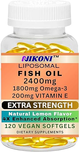 Nikoni Aceite de pescado extra fuerte, 2400 mg cápsulas blandas con más de 1800 mg de omega-3. Alto EPA y DHA capturado en la naturaleza, 120