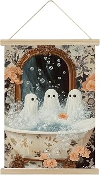 XIAOAIKA Halloween Cute Bathroom Decor, Aesthetic Ghost and Black Cat Wall Art Linen Print Poster with Wooden Hanging Frame, Vintage Halloween Bath Scene, 16" x 23"