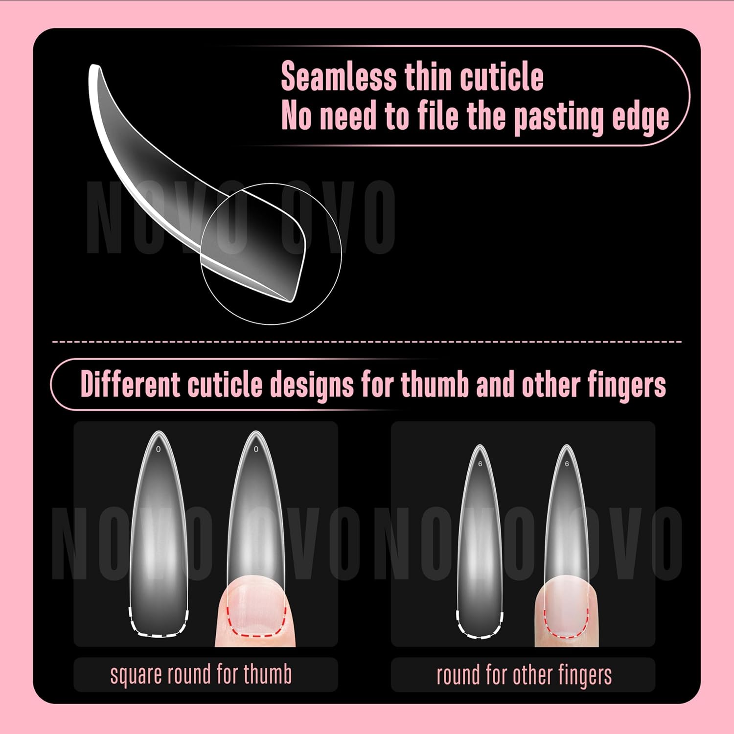 NOVO OVO Halloween XXL Curved Almond Stiletto Nail Tips Press on Full Cover, Soft Gel Extra Thick Long Acrylic Hawk Curve Fake Nails Extension Kit, Clear Pre-etched French False Nail 12 Sizes 300 Pcs