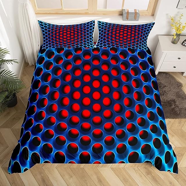 Loussiesd Honeycomb Geometric Duvet Cover Stereoscopic Dense Hole Boys Kids Bedding Set Blue Red Circle Comforter Cover Microfiber Three-Dimensional Honeycomb Decor with A Sense of 3D Print Double