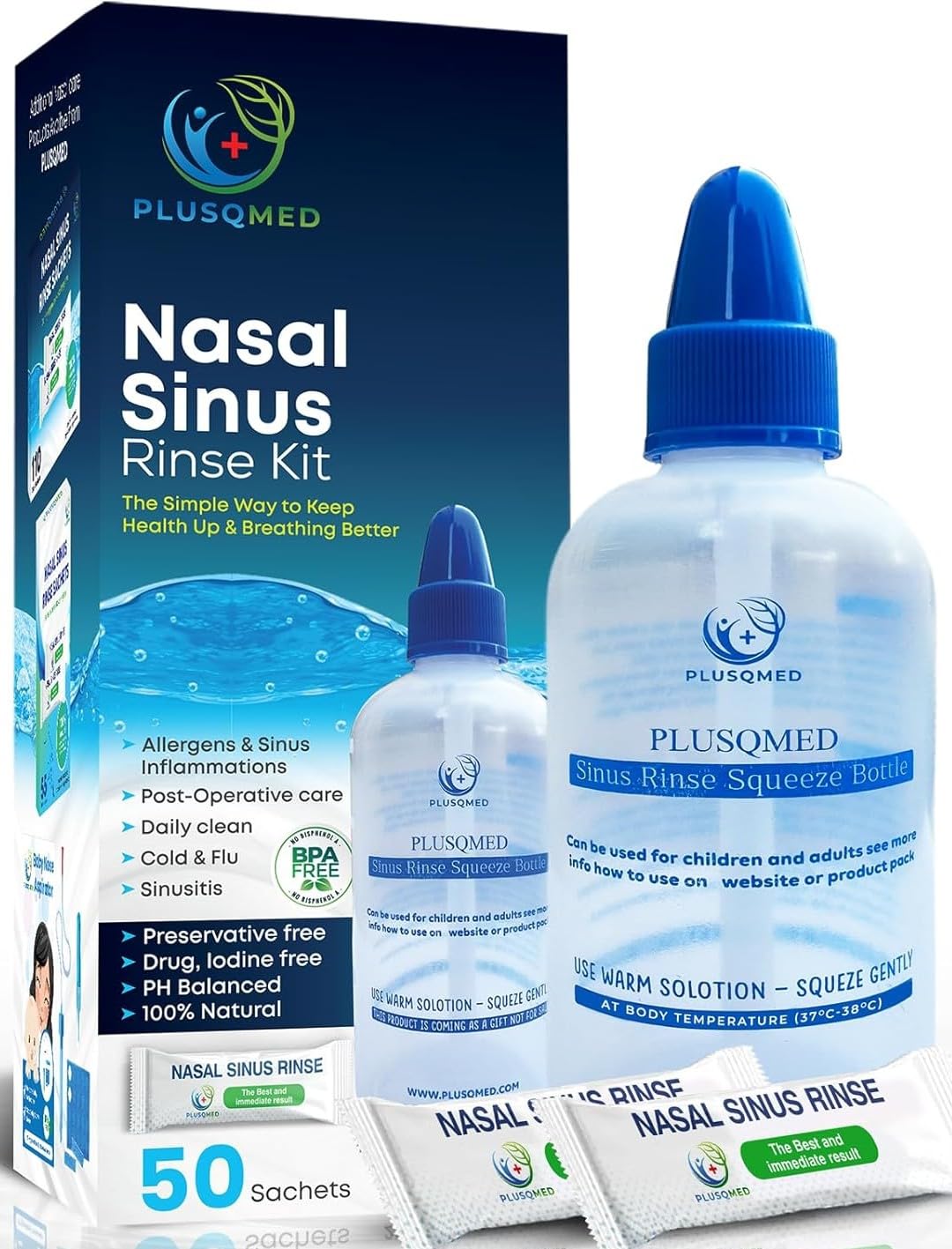 1 x Neti Lota 300 ml Irrigatore Adulti, bambini da 5 anni, + 20 bustine di sale, doccia nasale Lavaggi per adulti per la pulizia del naso, Irrigazione nasale (Squezze 250 ml + 50 sachet)