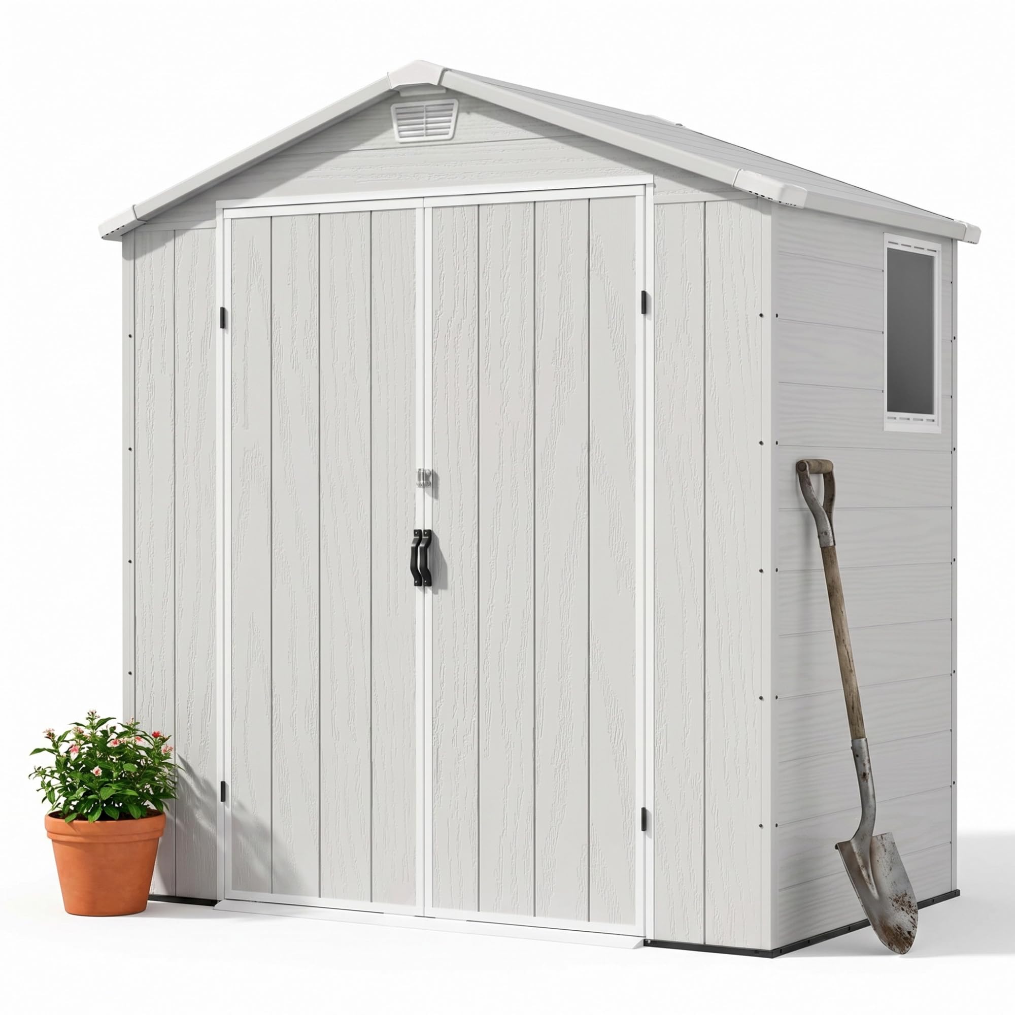 Devoko 6 x 4 FT Resin Shed with Floor, Outdoor Plastic Storage Sheds with Windows, Waterproof Utility Tool Garden Shed with Lockable Door for Backyard Patio Lawn, Light Gray