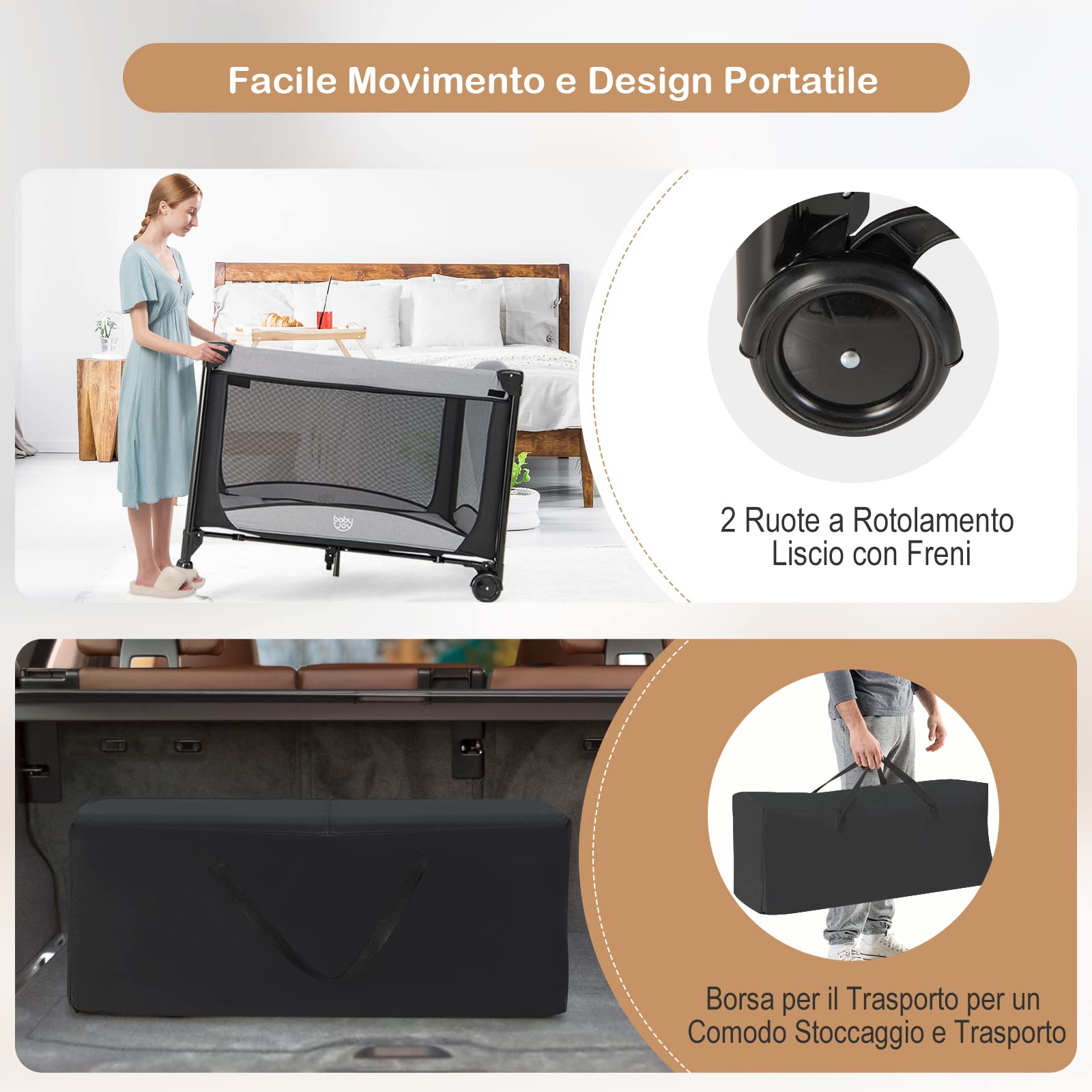 COSTWAY Lettino da Campeggio con Materasso, Lettino Pieghevole per Bambini con Fasciatoio, Culla da Viaggio con Ruote, Giocattolo, Lettino Bambini Staccabile, per Bambini 0-36 Mesi (Nero)