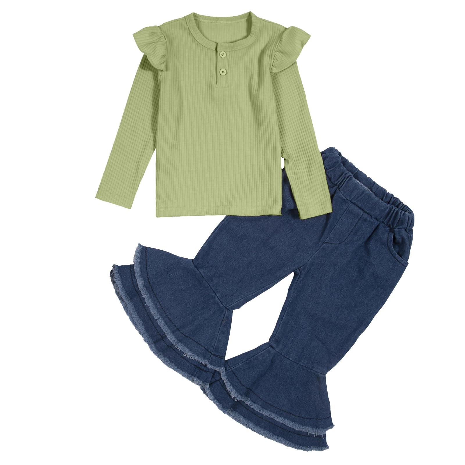 (Size 3T) MAXIMGR Baby Girl Fall Clothes Girls Clothing Sets Tie Front Ruffle Sleeve Tops Flared Leopard Print Pant Set 2PC Fall Outfit