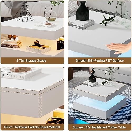 Miniatura 3 de Mesa de centro LED blanca con almacenamiento para sala de estar, moderna mesa central cuadrada alta y alta, estante de exhibición de 2 niveles, 20