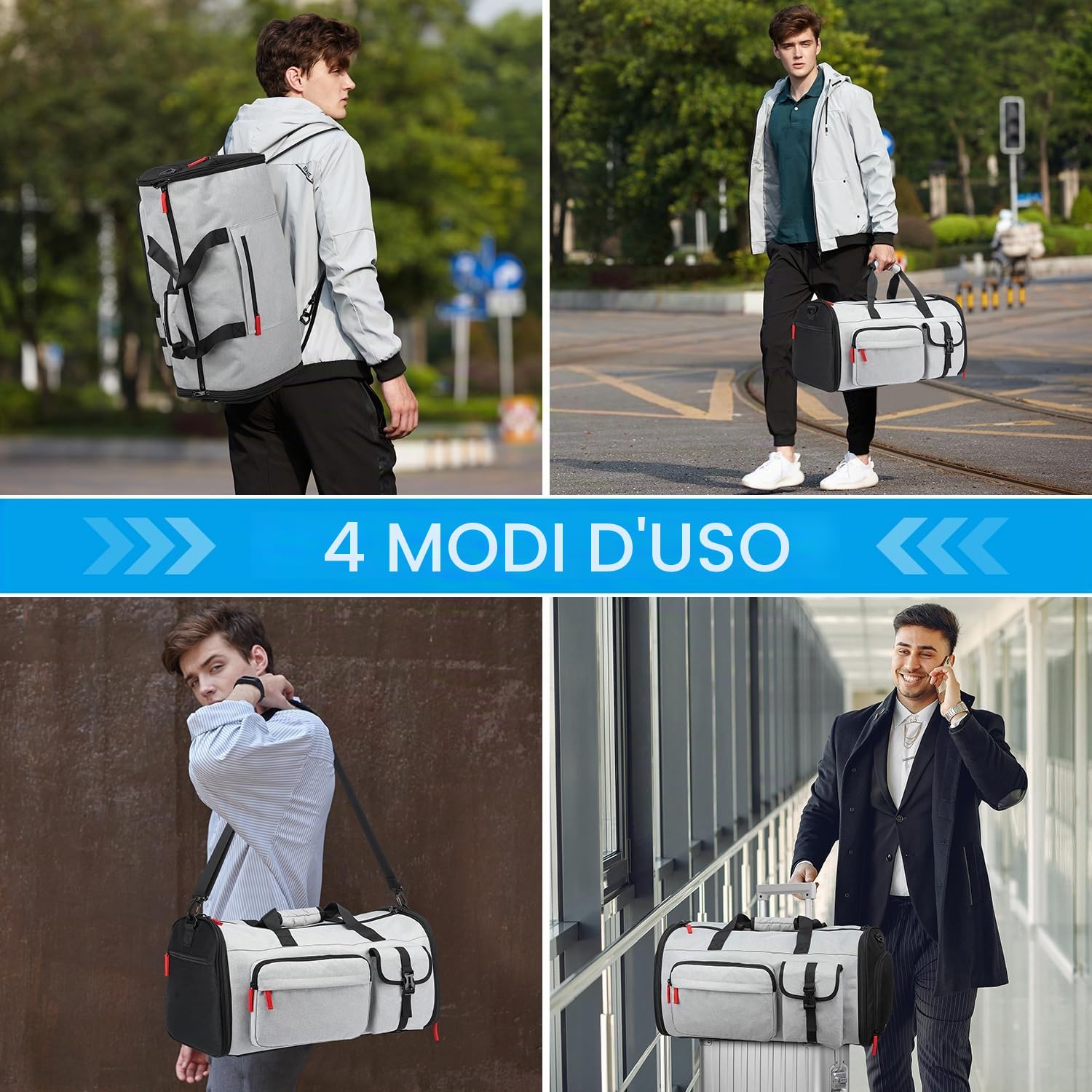 Borsa da viaggio per abiti da uomo, sacco per vestiti trasformabile, sacca da viaggio per il trasporto di scarpe, 3-in-1 grande borsa per abiti a tracolla, borsa per abiti per viaggi d'affari, grigio