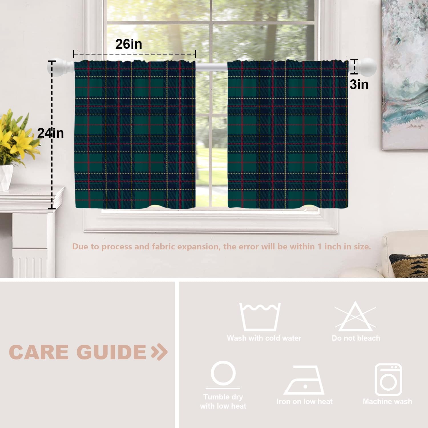 Shrahala Tartan Plaid Tier Curtains for Kitchen Windows,Green Scottish Fabric Kilt Twill Woven Window Curtain Panels Multilayer Polyester Blackout for Living Room Bathroom 2 Pack 26 x 24 in