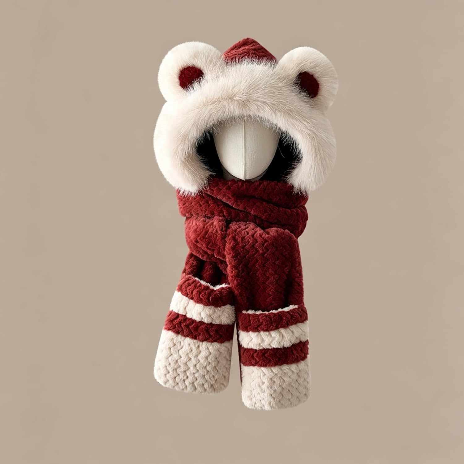 Women's Winter Warm Hat Scarf Gloves Set Cute Bear Ear Plush Hooded Scarf Red